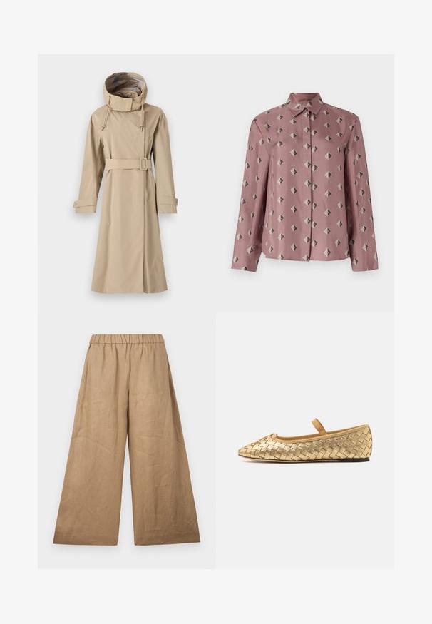 Beżowy trencz z wysokim kapturem, talią ściąganą paskiem oraz długimi rękawami z zapięciem na guziki. Wykonany z gładkiego, wodoodpornego materiału.; Koszula zapinana na guziki w miękkim różowym materiale z geometrycznym wzorem diamentów i trójkątów w stonowanej szarości i czerni. Długie rękawy, klasyczny kołnierzyk.; Lnianowe spodnie szerokie w jasnobrązowym odcieniu, z marszczonym elastycznym pasem i gładkim, teksturowanym wykończeniem.; Loeffler Randall LEONIE  złoty