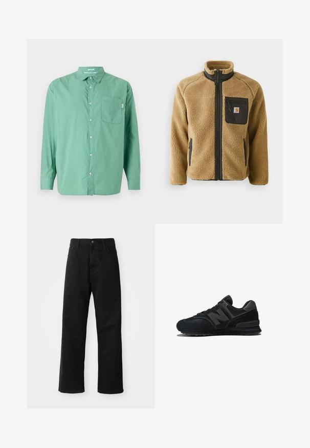 Tan fleece jack met een zwarte ritssluiting op de borst en bijpassende zijzakken. Heeft een hoge kraag en een textiele stof voor extra warmte.; Groene overhemd met knopen, lange mouwen, van katoen, met één borstzak, comfortabele pasvorm, subtiele textuur en klassieke kraagontwerp.; Zwarte denim broek met een rechte pasvorm, voorzien van voorzakken, een rits en een enkele bovenste knoop. Gestructureerde stof met een matte afwerking.; Zwarte sneaker met een bovenwerk van suede en mesh, een dikke zool en een opvallend 'N'-logo op de zijkant. Heeft een gestructureerd ontwerp met veter sluiting.