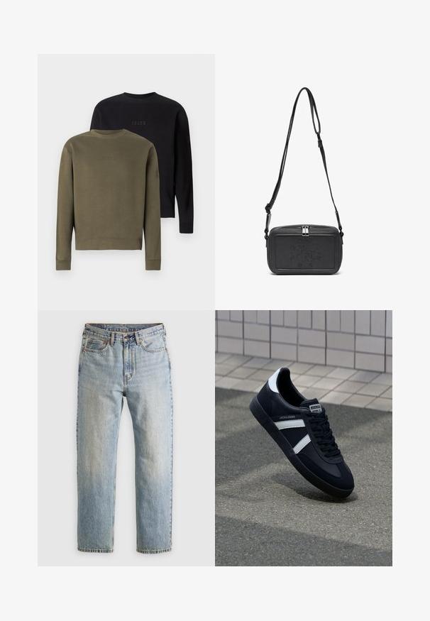 Giacca imbottita verde oliva con cappuccio, dotata di foderatura in finta pelliccia, zip frontale e dettagli con cordoncino. Design semplice e rettangolare.; Due felpe a girocollo sono esposte: una verde oliva e una nera. Entrambe presentano una ricamatura del logo in tonalità sul petto e polsini a coste.; Jeans in denim azzurro chiaro con vita alta, bottone anteriore, cerniera e design a cinque tasche, adagiati su uno sfondo neutro.; Sneaker neri in pelle con strisce bianche, suola in gomma texturizzata e allacciatura frontale. Presenta un'etichetta con il marchio sulla linguetta.; Borsa a tracolla nera in pelle con chiusura zip, logo impresso sul davanti e tracolla regolabile. Texture liscia con forma rettangolare.