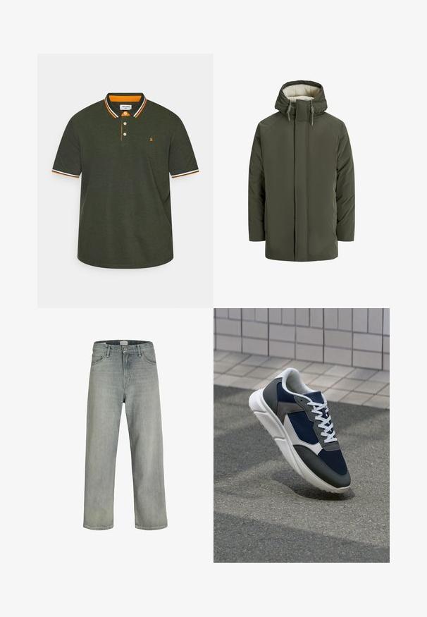 Olijfgroen gewatteerde jas met capuchon, voorzien van een faux shearling voering, een rits aan de voorkant en trekkoordaccenten. Eenvoudig, rechthoekig ontwerp.; Poloshirt in donkergroen, met een oranje en witte gestreepte kraag, een drie-knopenlijst en een klein logo op de borst.; Lichtgrijze, loszittende spijkerbroeken van denim. Beschikt over een klassiek vijf-pocket ontwerp, riemlussen en een rechte pijp silhoët.; Sneaker met een marineblauwe mesh bovenwerk, grijze suède accenten, witte rubberen zool en platte witte veters, ontworpen voor comfort en ademend vermogen.