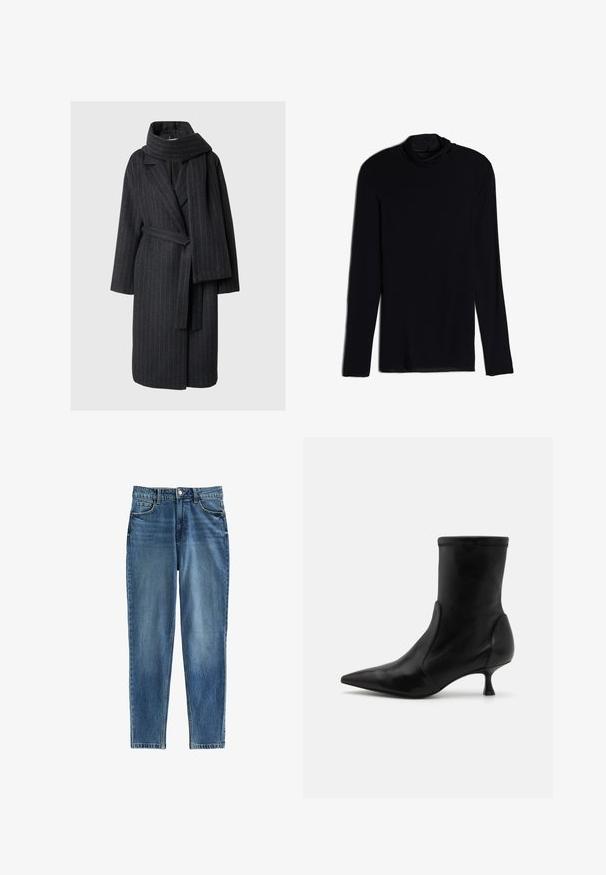 Wollmischungsjacke in Dunkelgrau mit Webstreifen, verfügt über einen Reverskragen, lange Ärmel und einen passenden Schal. Taillierter Schnitt, knielange Länge.; Schwarzes Langarmoberteil mit einem Kragen, gefertigt aus einem weichen, glatten Stoff; taillierte Passform mit geradem Saum und ohne sichtbare Nähte.; Blaue Jeans aus Denim mit geradem Schnitt, hohe Taille, fünf Taschen und dezenten ausgebleichten Bereichen für Textur. Metallknopfverschluss.; Schwarze Leder-Stiefelette mit schmaler Silhouette, elastischem Obermaterial und einem kurzen, dünnen Absatz. Glatte Textur und minimale Nähdetails.