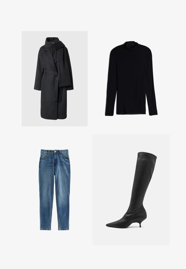 Abrigo de mezcla de lana en gris oscuro con rayas finas, presenta un cuello con muescas, mangas largas y una bufanda a juego. Diseño de longitud hasta la rodilla con cintura ceñida por un cinturón.; Top negro de manga larga con cuello tipo cowl, hecho de una tela suave y lisa; diseño ajustado con dobladillo recto y sin costuras visibles.; Jeans de mezclilla azul con fit recto, que cuentan con una cintura alta, cinco bolsillos y áreas sutilmente desgastadas para texturizar. Cierre con botón de metal.; GIABORGHINI HERA - Botas - black