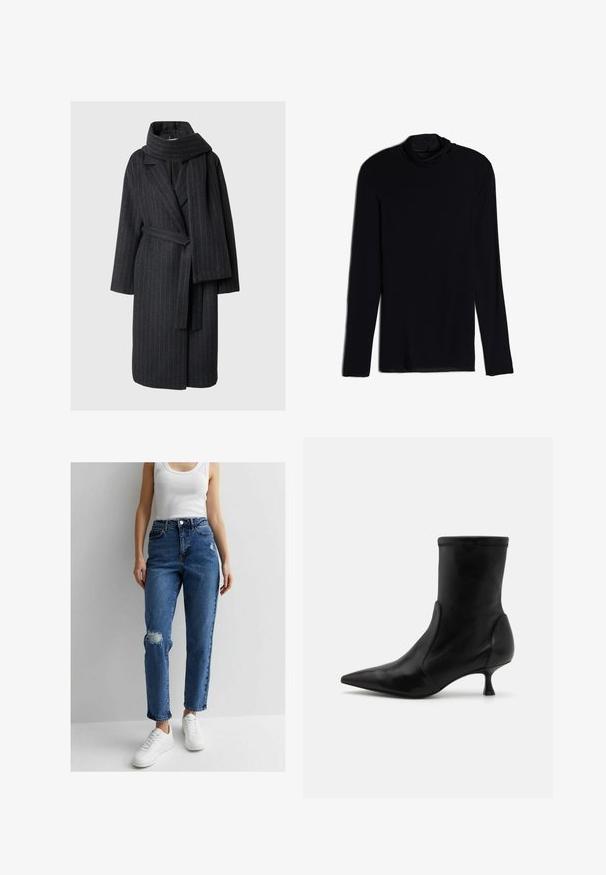 Wollen blend jas in donkergrijs met streepjes, heeft een gesneden kraag, lange mouwen en een bijpassende sjaal. Gedeeltelijke taille met een knielange snit.; Zwarte langemouwen top met een cowlneck, gemaakt van een zachte, gladde stof; aansluitend ontwerp met rechte zoom en geen zichtbare naden.; Blauwe high-waisted denim jeans met een ontspannen pasvorm, met versleten gebieden op de knieën en afgewerkt met een klassieke vijf-vaks ontwerp.; Zwart leren enkelboot met een taps toelopende silhoët, elastisch bovengedeelte en een korte, dunne hak. Glad oppervlak en minimale stiksels.