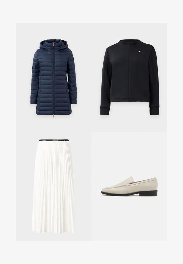 Marineblaue Pufferjacke mit Kapuze, die horizontale, gesteppten Abschnitte aufweist, einen durchgehenden Reißverschluss und einen orangefarbenen Reißverschluss-Zug. Glatte Textur, leichtes Design.; Schwarzer Pullover mit hohem Kragen, langen Ärmeln und taillierter Passform. Verfügt über ein kleines Logo auf der Brust und strukturierten Stoff.; Faltenrock aus Weiß mit einem schwarzen elastischen Bund, der das "LACOSTE"-Logo trägt. Mittellanges Design mit weicher Textur.; Beige Leder Slipper mit einem schlanken Design, mandelförmiger Zehenpartie, minimaler Naht und einem niedrigen schwarzen Absatz. Glatte Textur.