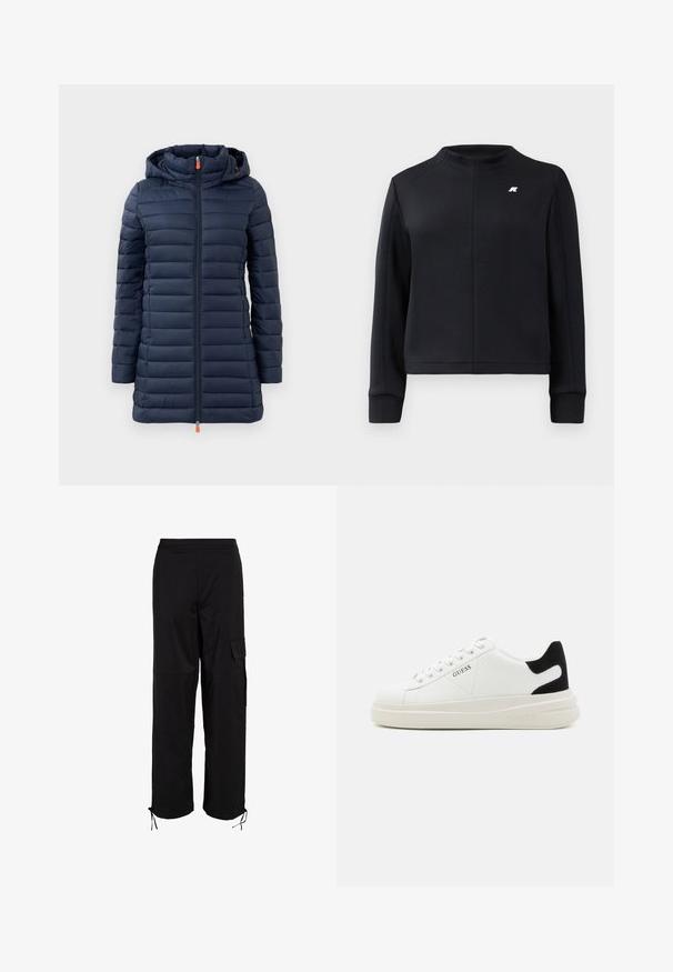 Jūras spēku pūkains mētelis ar kapuci, ar horizontālām quilted sekcijām, pilna garuma rāvējslēdzis un oranža rāvējslēdzēja cilpa. Gluda tekstūra, viegla konstrukcija.; Melna džemperis ar augstu apkakli, garām piedurknēm un pieguļošu dizainu. Iekļauj nelielu logo uz krūtīm un teksturētu audumu.; Melnas cargo bikses ar elastīgu jostu, sānu kabatu un regulējamiem velcro apakšējiem galiem. Izgatavotas no izturīga, teksturēta auduma.; Baltas ādas sporta apavi ar biezu balto zoli, melna zamša uzpura un izspiestais logotips sānos. Šņorējuma dizains ar sešiem acu caurumiem.