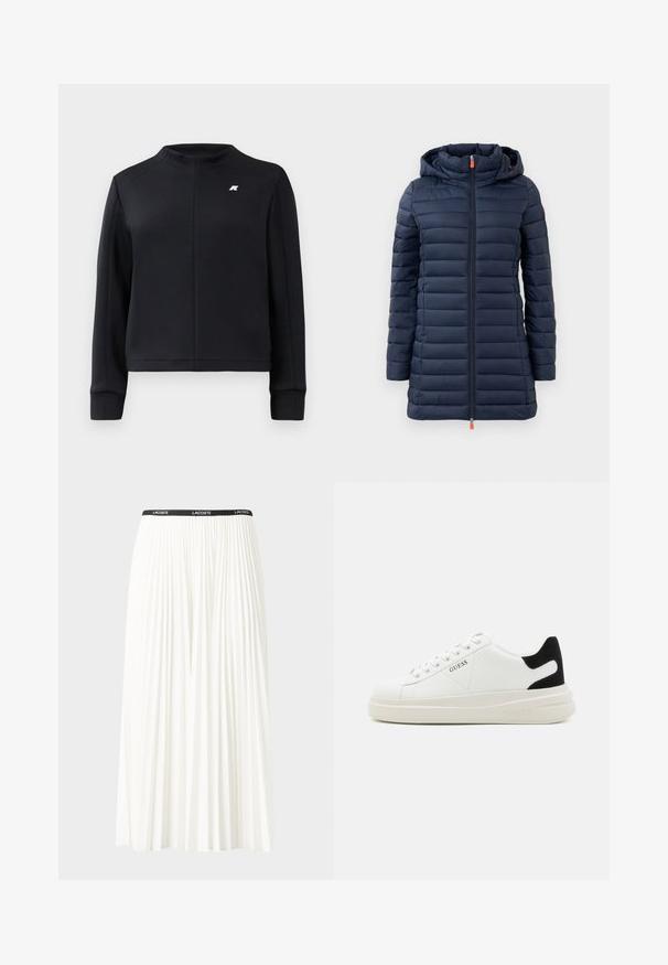 Chaqueta de plumas navy con capucha, con secciones acolchadas horizontales, cremallera de longitud completa y tiro de cremallera naranja. Textura suave, diseño ligero.; Sudadera negra con un alto cuello, mangas largas y un diseño ajustado. Presenta un pequeño logo en el pecho y una tela texturizada.; Falda blanca plisada con una cinturilla elástica negra que presenta el logotipo "LACOSTE". Diseño de longitud media con textura suave.; Zapatillas blancas de cuero con una suela blanca gruesa, acento en el talón de ante negro y logo grabado en el lateral. Diseño de cordones con seis ojales.