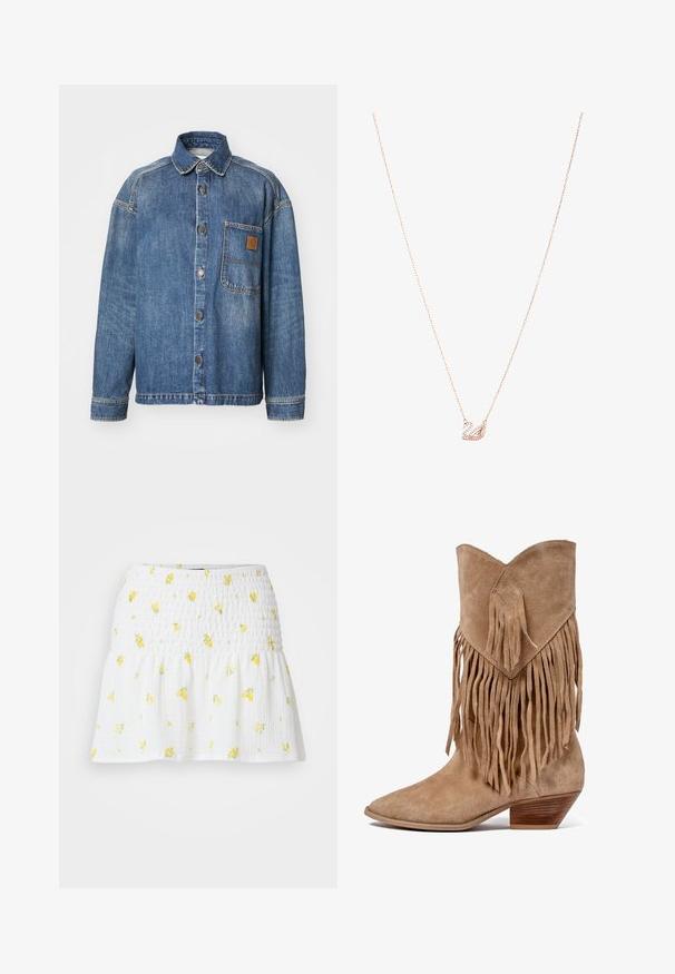 Heledsinine denim jakk nupuvärvi ees, krae, pikad varrukad, vasakul rinnal tasku ja nahklogoga patch taskul.; Kollane rihmatu top, millel on volangiga rütmiline rind, millel on kihilised volangid. Valmistatud kerge kangaga, millel on pehme tekstuur. Sidumine kaela ümber.; Valge seelik, millel on smockitud tekstuur ja kollane lilleline muster. Hem on laienev, luues laia silueti.; Tan nahast cowboy saapad fringingudega, terava varbaga ja madala hunnitud kontsaga. Omab rombikujulist plaastrit varruka peal.; Roosa kuldne kaelakee, millel on luigependant, kaunistatud selgete kristallidega. Ketil on peen linkide disain.