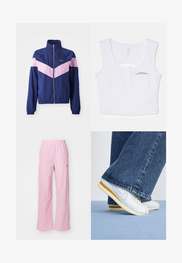 Marineblå vindjakke med rosa chevron-striper, glidelås foran, ståkrage og elastiske mansjetter. Lett, glatt stoff. Nike-logo på brystet.; Hvit kort tank topp laget av bomullsmateriale. Har en nøkkelhullutskjæring bak og svarte trykte logo detaljer foran.; Rosa elastiske bukser med avslappet passform. Har en rød logo på venstre side og en glatt, lett tekstur.; Hvite lær sneakers med gule detaljer, rund tå og teksturert gummisåle, kombinert med mørkeblå denim flared bukser.