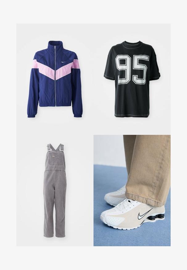 Marineblå vindjakke med rosa chevron-striper, glidelås foran, ståkrage og elastiske mansjetter. Lett, glatt stoff. Nike-logo på brystet.; Svart bomull T-skjorte med korte ermer, med hvit trykket nummer "95" foran og kontrasterende søm langs kantene.; Grå denim overaller med justerbare skulderstropper, en frontlomme og en avslappet passform. Har rette ben og ensfarget throughout.; Hvide og beige Nike sneakers med perforeret design, sort swoosh-logo, tekstureret overdel og karakteristisk fjederagtig sort hæl.