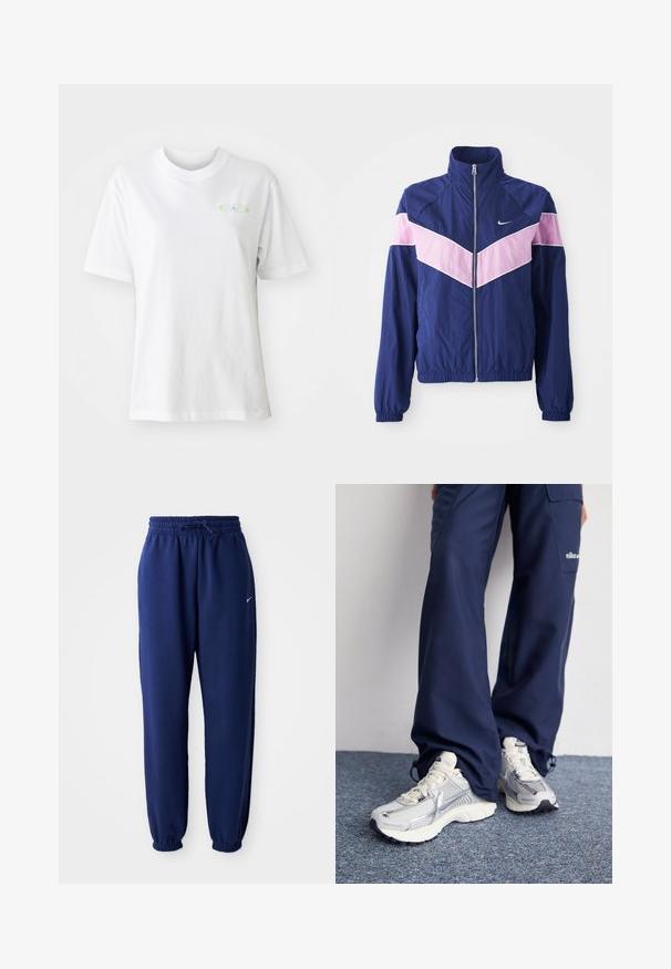 Mornarska jakna s kapuljačom s ružičastim chevron prugama, s patentnim zatvaračem sprijeda, stojećim ovratnikom i elastičnim manžetama. Lagan, gladak materijal. Nike logotip na prsima.; Bijela pamučna majica s okruglim izrezom i kratkim rukavima. Ima mali šareni logo sprijeda. Glatka tekstura i ležerni kroj.; Mornarsko plave trenirke od mekog materijala, s elastičnom strukom i vezicom, elastičnim rukavima i malim bijelim logotipom.; Nike atletske tenisice sa srebrnom mrežom, bijelim naglascima i strukturiranim potplatima, u kombinaciji s širokim tamnoplavim hlačama.