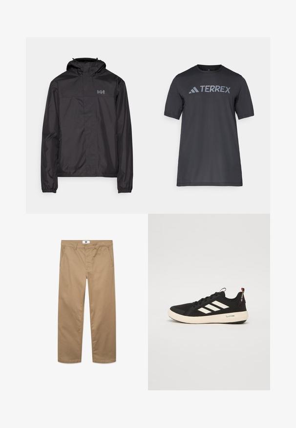 Helly Hansen VANCOUVER FLEECE LINED JACKET - Hardshell jacket - black; Black short-sleeve t-shirt made of lightweight fabric, featuring a light gray “TERREX” logo across the chest and a crew neckline.; Khaki cotton trousers with a straight leg design, featuring a single button closure, belt loops, and two side pockets. Smooth texture.; Black athletic shoe with white three-stripe logo, textile upper, rubber sole, lightweight design, and red accent on the heel.