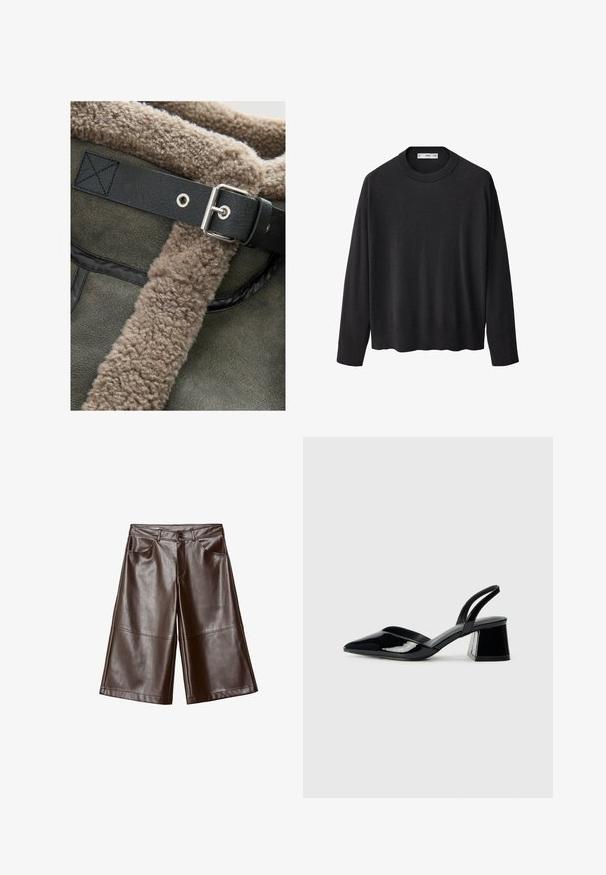 Sivkasto nubuk usnje s mehko, bež ovčko. Opremljeno z črnim usnjenim trakom in podrobnostmi iz srebrnega kovinskega sponke.; Črna pletena jopica z rebrastim ovratnikom, dolgimi rokavi in ravnim robom. Mehka tekstura, minimalistična zasnova in vsestranski slog.; Rjava umetna usnjena široka kratka hlača do kolen s sprednjimi žepi in zankami za pas, razporejena na belem ozadju.; Črne lakirane slingback pete s koničastim nosom in geometrijsko blokasto peto. Imajo eleganten, minimalističen dizajn in gladko teksturo.
