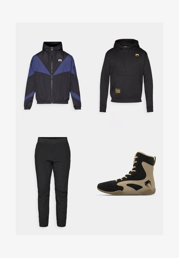 Čierna a tmavomodrá vetrovka na zips s kapucňou, elastickými manžetami a bielym logom fangs na hrudi, rozložená na bielom pozadí.; Čierna mikina s kapucňou vyrobená z mäkkej látky, s prednou vreckom, nastaviteľnou kapucňou a zlatým logo na hrudi so štruktúrovaným žltým štítkom.; Čierne legíny s priliehavým strihom, elastickým pásom a vreckami na zips. Hladká textúra s mierne lesklým povrchom.; Vysoké športové topánky s čiernou sieťovinou a béžovými akcentmi. Štruktúrovaná gumová podrážka a detail loga na boku.