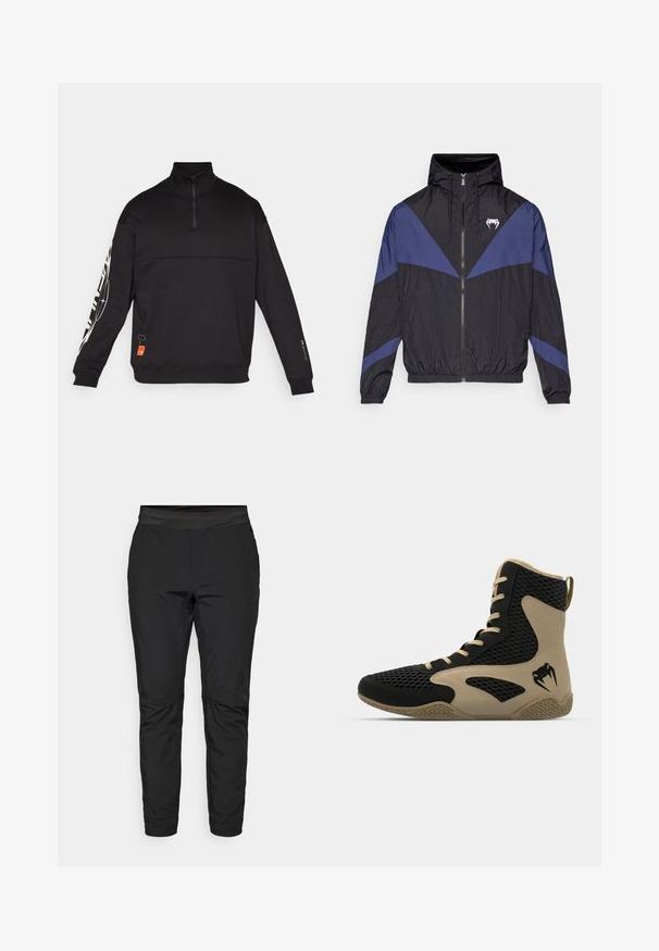 Black and dark blue zip-up windbreaker with hood, elastic cuffs, and a white fang logo on the chest, laid flat on a white background.; Black pullover sweatshirt with a high collar, half-zip, and long sleeves. Features textured paneling and white graphic designs on the sleeve.; Black stretch pants with a fitted design, elastic waistband, and zippered pockets. Smooth texture with a slightly shiny finish.; High-top athletic shoe featuring a black mesh exterior with beige accents. Textured rubber sole and logo detail on the side.