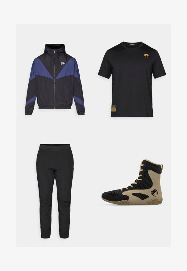 Črn in temno moder zadrge windbreaker s kapuco, elastičnimi manžetami in belim logotipom zob na prsih, položen na belo ozadje.; Črna bombažna majica s kratkimi rokavi, ki ima oranžno kačo na zgornjem levem delu in vzorčasto dekoracijo na spodnjem levem delu.; Črne elastične hlače s prilegajočim dizajnom, elastičnim pasom in žepi na zadrgo. Gladka struktura z rahlo sijajnim zaključkom.; Športni čevlji z visokim zgornjim delom z črnim mrežastim zunanjim materialom in bež poudarki. Teksturiran gumijast podplat in podrobnost logotipa na strani.