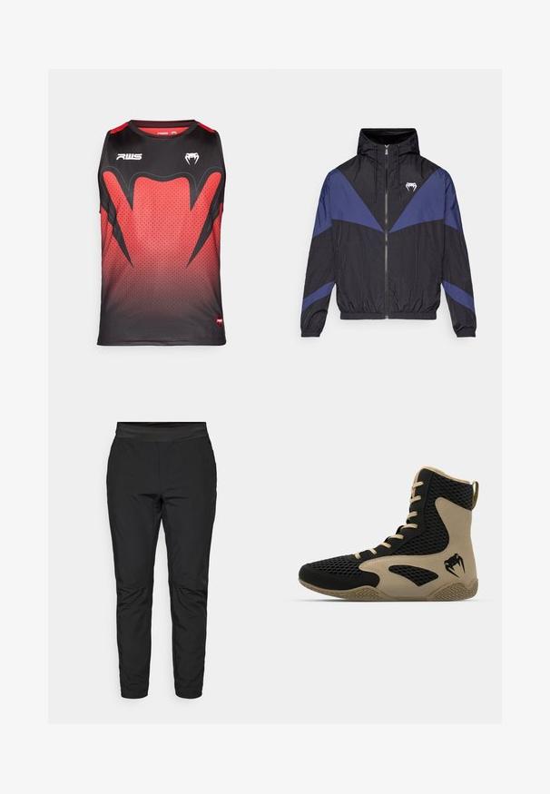 Schwarze und dunkelblaue Windjacke mit Reißverschluss und Kapuze, elastischen Bündchen und einem weißen Fang-Logo auf der Brust, flach auf einem weißen Hintergrund ausgelegt.; Schwarzes und rotes ärmelloses Sport-Top mit einem Farbverlaufmuster, hexagonalem Textur und kräftigen schwarzen Akzenten mit Logos.; Schwarze Leggings mit taillierter Passform, elastischem Bund und Reißverschlusstaschen. Glatte Textur mit einem leicht glänzenden Finish.; Hochschuh mit schwarzem Mesh-Obermaterial und beigen Akzenten. Strukturiertem Gummisohle und Logodetail an der Seite.