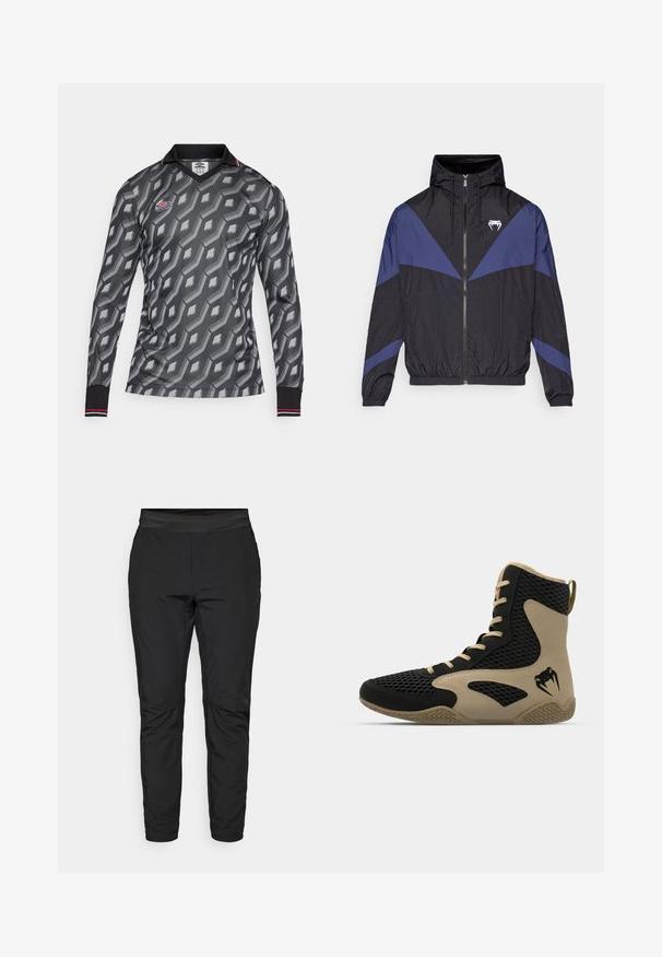 Giacca a vento nera e blu scuro con zip e cappuccio, polsini elastici e un logo a forma di dente bianco sul petto, posata su uno sfondo bianco.; Maglia da football a maniche lunghe di colore grigio scuro con un motivo geometrico in tonalità più chiare, dotata di un colletto nero e strisce rosse sui polsini.; Pantaloni neri elasticizzati con un design aderente, vita elastica e tasche con zip. Texture liscia con una finitura leggermente lucida.; Scarpa sportiva alta con esterno in rete nera e dettagli color beige. Suola in gomma testurizzata e logo sul lato.
