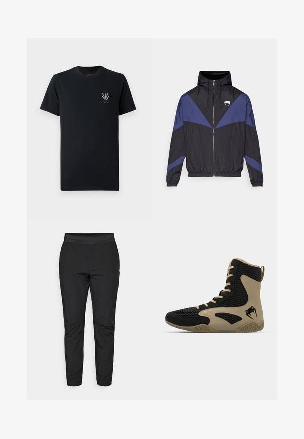 Zwarte en donkerblauwe ritsjack met capuchon, elastische manchetten en een witte fang-logo op de borst, vlak gelegd op een witte achtergrond.; Zwarte katoenen t-shirt met een ronde hals, korte mouwen en een kleine witte grafische afbeelding van zwaarden op de linkerkant van de borst.; Zwarte stretchpants met een aansluitend ontwerp, elastische tailleband en ritszakken. Gladde textuur met een licht glanzende afwerking.; Hoge sportieve schoen met een zwart gaasexterieur en beige accenten. Gestructureerde rubberen zool en logo-detail aan de zijkant.