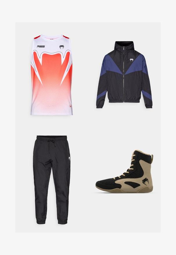 Giacca a vento nera e blu scuro con zip e cappuccio, polsini elastici e un logo a forma di dente bianco sul petto, posata su uno sfondo bianco.; Maglietta sportiva senza maniche bianca e rossa sfumata, caratterizzata da un motivo geometrico, scollatura tonda e loghi del marchio sul davanti.; Pantaloni jogger neri, leggeri, con vita elasticizzata e coulisse, gambe affusolate e finitura leggermente testurizzata.; Scarpa sportiva alta con esterno in rete nera e dettagli color beige. Suola in gomma testurizzata e logo sul lato.