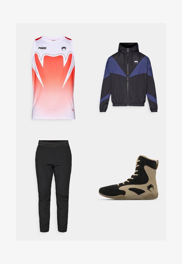 Schwarze und dunkelblaue Windjacke mit Reißverschluss und Kapuze, elastischen Bündchen und einem weißen Fang-Logo auf der Brust, flach auf einem weißen Hintergrund ausgelegt.; Ärmelloses Sportshirt in Weiß und rot mit Farbverlauf, das ein geometrisches Muster, einen runden Ausschnitt und Markenlogos auf der Vorderseite aufweist.; Schwarze Leggings mit taillierter Passform, elastischem Bund und Reißverschlusstaschen. Glatte Textur mit einem leicht glänzenden Finish.; Hochschuh mit schwarzem Mesh-Obermaterial und beigen Akzenten. Strukturiertem Gummisohle und Logodetail an der Seite.