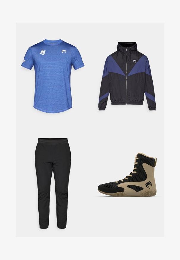 Črn in temno moder zadrge windbreaker s kapuco, elastičnimi manžetami in belim logotipom zob na prsih, položen na belo ozadje.; Modra športna majica z geometričnim vzorcem, okrogel izrez, kratkimi rokavi in kontrastnimi belimi logotipi na prsih in rokavu.; Črne elastične hlače s prilegajočim dizajnom, elastičnim pasom in žepi na zadrgo. Gladka struktura z rahlo sijajnim zaključkom.; Športni čevlji z visokim zgornjim delom z črnim mrežastim zunanjim materialom in bež poudarki. Teksturiran gumijast podplat in podrobnost logotipa na strani.