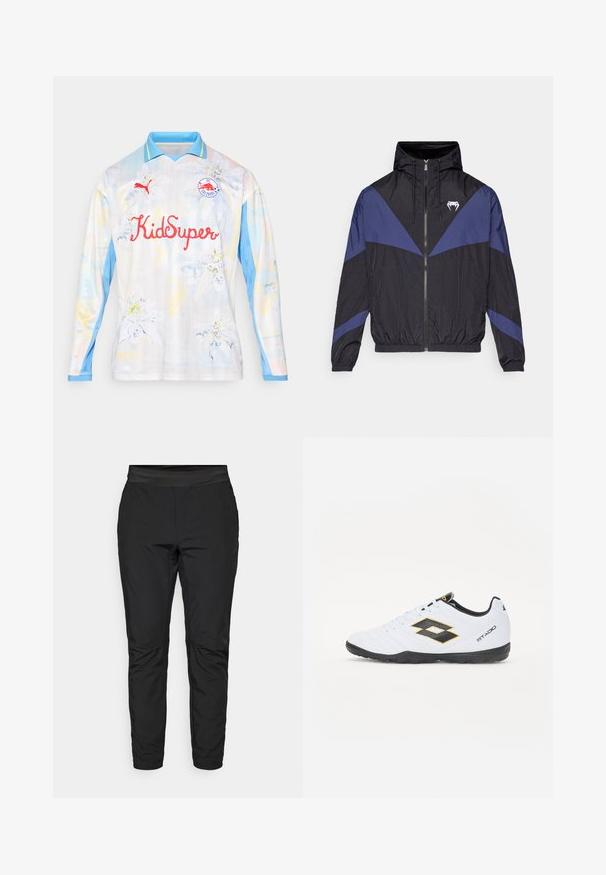 Crna i tamnoplava jakna na patentni zatvarač s kapuljačom, elastičnim rukavima i bijelim logotipom zubaca na prsima, položena ravno na bijeloj pozadini.; Duga majica za nogomet s dugim rukavima u svijetlim bojama s cvjetnim uzorkom. Ima svijetloplavi ovratnik, crveni "KidSuper" natpis i logotip na prsima.; Crne tajice s prilagodljivim dizajnom, elastičnom strukom i džepovima na patentni zatvarač. Glide tekstura s blago sjajnim završetkom.; Bijele sportske cipele s crnim i žutim akcentima, sa teksturiranim gornjištem, okruglim prstom i crnim gumennim potplatom. Dizajn uključuje logo detalj sa strane.