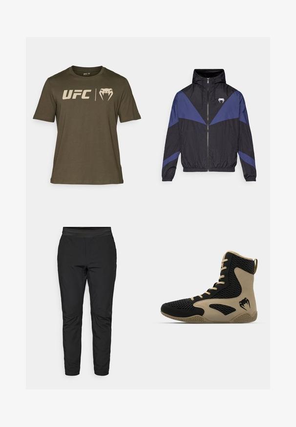 Jachetă de vânt cu fermoar, neagră și albastră închisă, cu glugă, manșete elastice și un logo alb în formă de colți pe piept, așezată plat pe un fundal alb.; Tricou verde măsliniu din bumbac, cu logo-ul UFC și un grafic de șarpe în bej deschis. Guler rotund și mâneci scurte.; Pantaloni de yoga negri, cu un design ajustat, talie elastică și buzunare cu fermoar. Textură netedă cu un finisaj ușor lucios.; Pantofă sport de tip high-top cu un exterior din plasă neagră și accente bej. Talpă din cauciuc texturat și detaliu logo pe lateral.