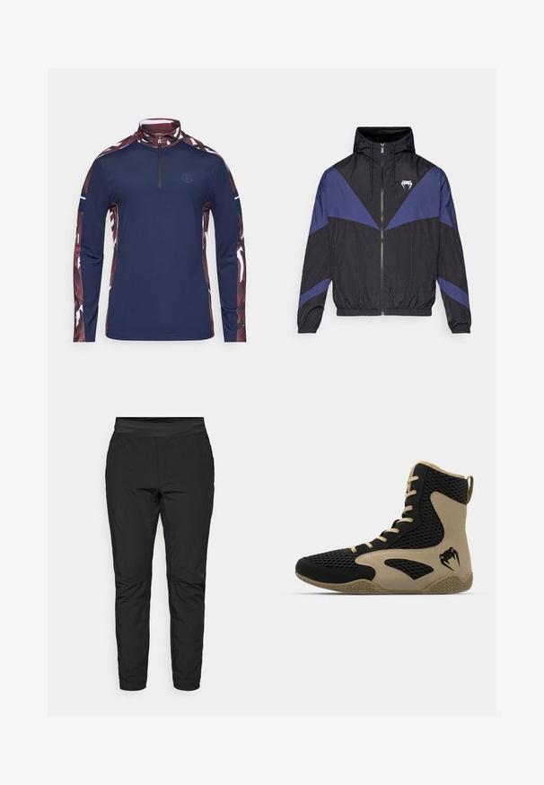 Schwarze und dunkelblaue Windjacke mit Reißverschluss und Kapuze, elastischen Bündchen und einem weißen Fang-Logo auf der Brust, flach auf einem weißen Hintergrund ausgelegt.; Marineblauer langärmeliger Pullover mit einem Viertel-Reißverschluss-Kragen. Verfügt über gemusterte weinrote Ärmel mit weißen Akzenten und einem kleinen Logo auf der Brust.; Schwarze Leggings mit taillierter Passform, elastischem Bund und Reißverschlusstaschen. Glatte Textur mit einem leicht glänzenden Finish.; Hochschuh mit schwarzem Mesh-Obermaterial und beigen Akzenten. Strukturiertem Gummisohle und Logodetail an der Seite.