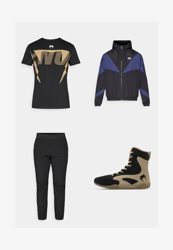 Czarny i ciemnoniebieski wiatrówka na zamek z kapturem, elastycznymi mankietami i białym logo kła na piersi, leżąca płasko na białym tle.; Czarna bawełniana koszulka z dużym, wyrazistym złotym wzorem z paskami i logo kobry na piersi. Klasyczny fason z okrągłym dekoltem.; Czarne legginsy o dopasowanym kroju, z elastycznym pasem i kieszeniami na zamek. Gładka tekstura o lekko błyszczącym wykończeniu.; Wysokie buty sportowe z czarną siateczkową powierzchnią i beżowymi akcentami. Teksturowana gumowa podeszwa i detal logo po boku.