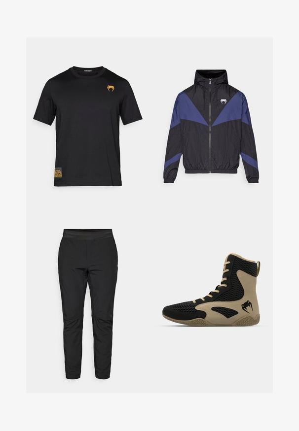 Černá a tmavě modrá větrovka se zipem a kapucí, elastickými manžetami a bílým logem tesáku na hrudi, ležící na bílém pozadí.; Černé bavlněné tričko s krátkým rukávem, na levé horní části je oranžové logo hada a na levé spodní části je vzorovaný akcent.; Černé elastické kalhoty s těsným střihem, elastickým páskem a kapsami na zip. Hladká textura s mírně lesklým povrchem.; Vysoké sportovní boty s černou síťovinou a béžovými akcenty. Texturovaná gumová podrážka a detail loga na boku.