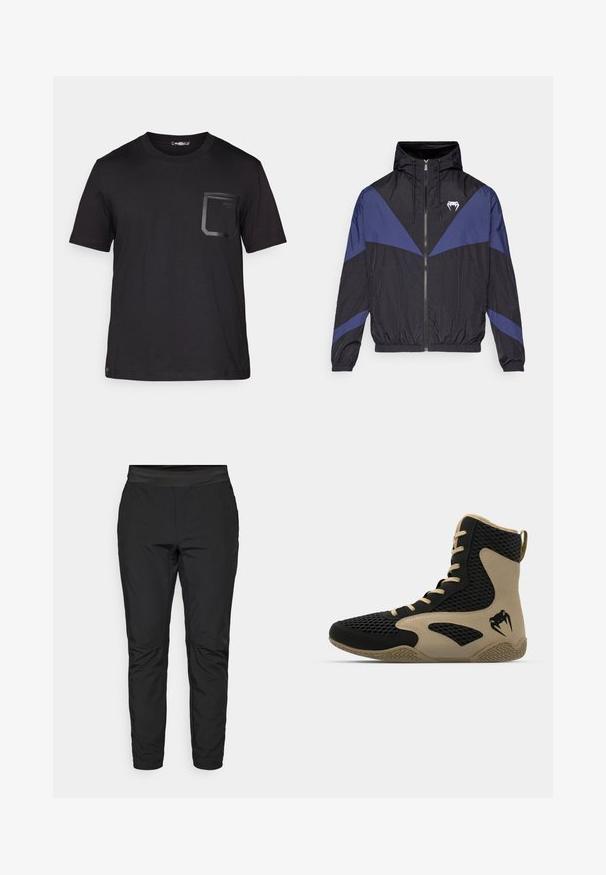 Musta ja tummansininen vetoketjullinen tuulitakki hupulla, joustavat hihansuut ja valkoinen hammashahmo rintamuksessa, asetettuna litteäksi valkoiselle taustalle.; Mustat lyhythihaiset t-paidat, jotka on valmistettu puuvillasta ja joissa on hienovarainen rakenne. Sisältää etutaskun, jossa on suorakulmainen muotoilu ja logoyksityiskohta.; Mustat stretch-housut, joissa on istuva muotoilu, joustava vyötärö ja vetskareilla varustetut taskut. Sileä pinta, jolla on hieman kiiltävä viimeistely.; Korkean varren urheilukengät, joissa on musta verkkopinta beigeillä yksityiskohdilla. Hieman teksturoitu kumipohja ja logokuvaus sivussa.