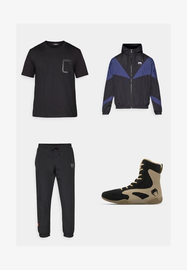 Zwarte en donkerblauwe ritsjack met capuchon, elastische manchetten en een witte fang-logo op de borst, vlak gelegd op een witte achtergrond.; Zwarte t-shirt met korte mouwen van katoen met een subtiele textuur. Beschikt over een voorzak met een rechthoekig ontwerp en logo-detail.; Zwarte joggingspantalons van lichtgewicht materiaal, met een elastische tailleband met trekkoord, taps toelopende benen en logo-accenten aan de voorkant.; Hoge sportieve schoen met een zwart gaasexterieur en beige accenten. Gestructureerde rubberen zool en logo-detail aan de zijkant.