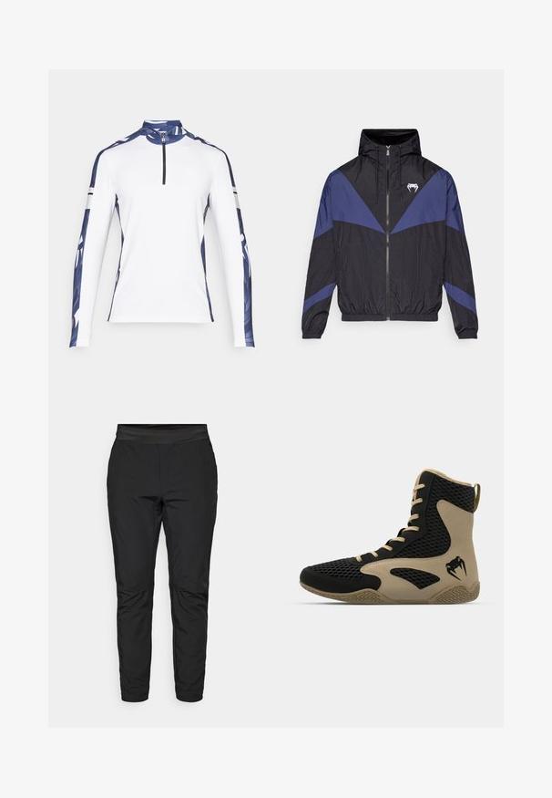 Schwarze und dunkelblaue Windjacke mit Reißverschluss und Kapuze, elastischen Bündchen und einem weißen Fang-Logo auf der Brust, flach auf einem weißen Hintergrund ausgelegt.; Langärmliges Sporthemd, weiß mit blauen gemusterten Ärmeln, hohem Kragen und 1/4-Reißverschluss. Verfügt über kontrastierende schwarze Streifen an den Ärmeln.; Schwarze Leggings mit taillierter Passform, elastischem Bund und Reißverschlusstaschen. Glatte Textur mit einem leicht glänzenden Finish.; Hochschuh mit schwarzem Mesh-Obermaterial und beigen Akzenten. Strukturiertem Gummisohle und Logodetail an der Seite.