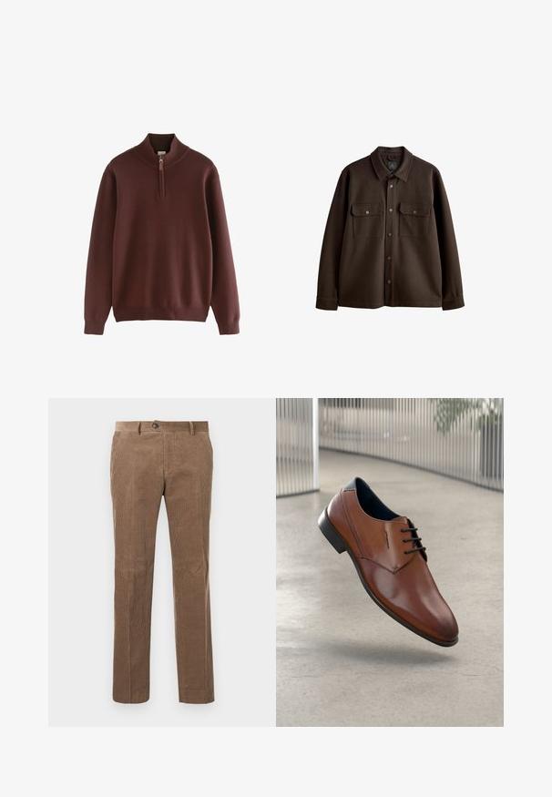 Giacca marrone, con bottoni, colletto, due tasche sul petto e bottoni a scatto; realizzata in tessuto morbido con una trama liscia.; Next Maglione - burgandy; Pantaloni in velluto corduroy marroni con texture a righe verticali, design a gamba dritta, chiusura con un bottone e due tasche frontali.; Scarpe eleganti in pelle marrone con suola e lacci neri, fluttuanti sopra un pavimento in calcestruzzo lucido, con uno sfondo di ringhiera metallica.
