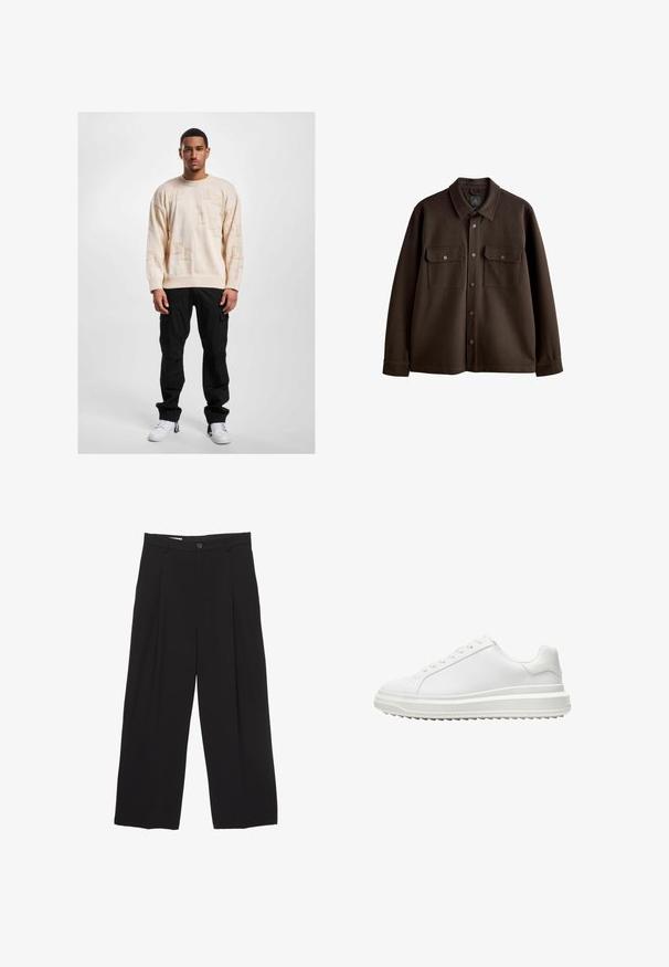 Bruine, button-up jas met een kraag, twee borstzakken en drukknoopsluitingen; gemaakt van zachte stof met een gladde textuur.; Beige gebreide trui met reliëfpatronen, ronde hals en verlaagde schouders, gecombineerd met zwarte cargobroek en witte sneakers.; Zwarte wijde broek gemaakt van gladde stof, met een platte tailleband, voorplooien en een enkele knoopsluiting.; Witte sneaker met een glad synthetisch bovenwerk, ronde neus, platte veters, gestructureerde zool en een gelaagd, platformontwerp voor extra hoogte.