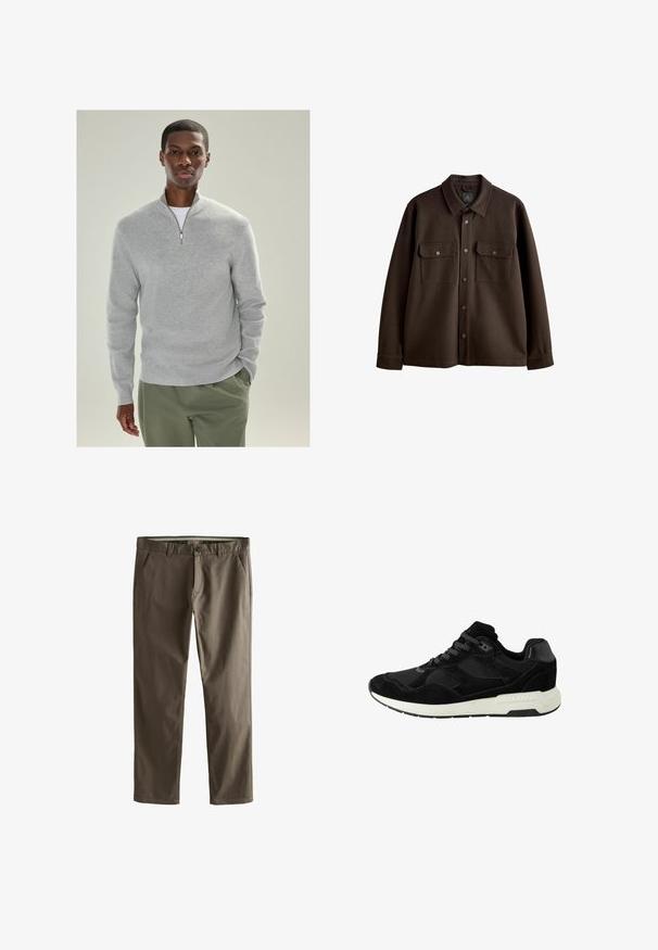 Brūna, pogājama jaka ar apkakli, divām krūšu kabatām un pogām ar sprādzi; izgatavota no mīkstas auduma ar gludu tekstūru.; Gai pelēks adīts džemperis ar ceturtdaļas rāvējslēdzēja apkakli, ribota tekstūra un garām piedurknēm, kombinēts ar olīvu zaļām biksēm.; Brūni kokvilnas chinos ar taisnu kāju dizainu, priekšējiem kabatām un pogu aizdari. Raksturīga gluda tekstūra un tīras līnijas.; Melnas sporta apavas, kas izgatavots no zamšas un sieta, ar noapaļotu purngalu, šņorējamais aizdare un balta gumijas zole ar teksturētām akcentiem.