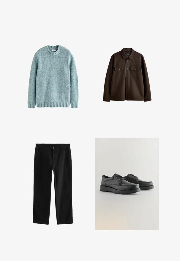 Rudas, mygtukais dėvimas švarkas su apykakle, dviem krūtinės kišenėmis ir snapeliais; pagamintas iš minkštos medžiagos su lygiu paviršiumi.; Svaigiai mėlynas megztinis su apvalia iškirpte, įpjovomis rankovėmis ir apvadu. Pagamintas iš tekstūruotos siūlų, su jaukia dizaino, tinkančia kasdieniam dėvėjimui.; Juodi medvilniniai kelnės su tiesiu dizainu, su priekiniais mygtukais, įstrižais šoninėmis kišenėmis ir subtiliomis siuvimo detalėmis.; Juodos odinės bateliai su tekstūruota viršutine dalimi, apvaliu priekiu, raištelių dizainu ir storais guminiais padais su protektoriumi.
