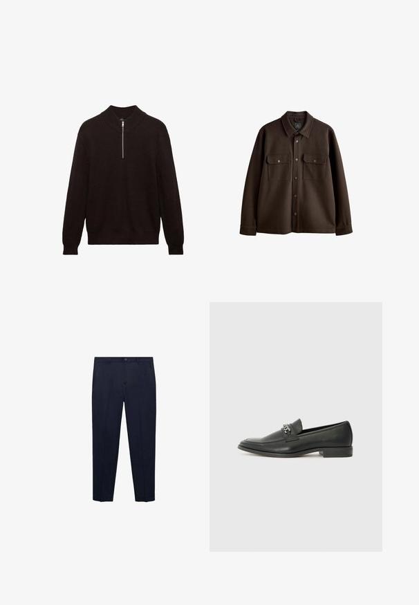 Rjav, jakna s gumbi in ovratnikom, z dvema prsoma žepoma in pritisnimi gumbi; izdelana iz mehke tkanine z gladko teksturo.; Temno rjav pleten pulover z visokim ovratnikom, četrtinskim zadrgo spredaj in rebrasto strukturo. Ima dolge rokave in sproščen kroj.; Mornarsko modre hlače iz gladkega materiala, z ravnim krojem, standardnim pasom s gumbom in diskretnimi stranskimi žepi.; Črni usnjeni loafer z gladko površino, ki ima šivano zasnovo in dekorativni kovinski verižni naglas preko vampirja. Ravno peto.