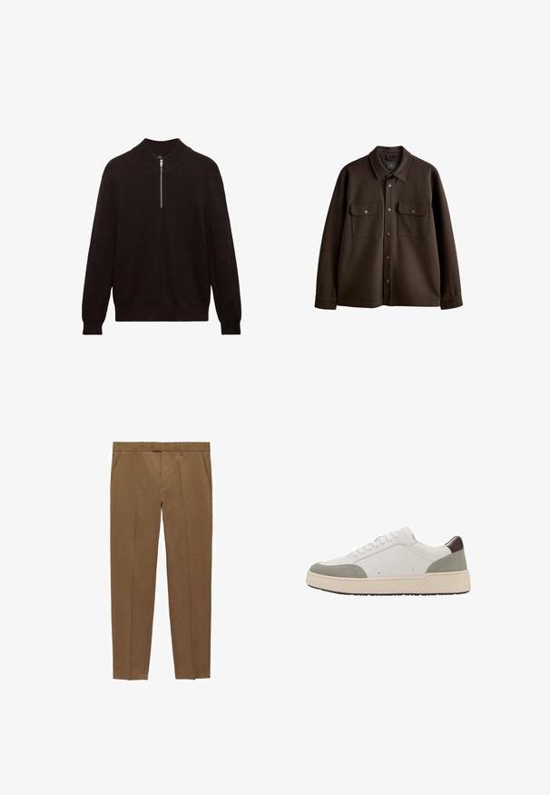 Smeđi jakna na gumb s ovratnikom, dva džepa na prsima i dugmadi na preklapanje; izrađena od mekane tkanine s glatkom teksturom.; Tamnosmeđi pleteni pulover s visokim ovratnikom, prednjim otvorom na četvrtinu sa patentnim zatvaračem i rebrastom teksturom. Ima duge rukave i ležeran kroj.; Smeđi krojeni hlače od glatkog materijala, s ravnim prednjim dijelom, ravnim nogavicama, petljama za remen i bočnim džepovima.; Bijele tenisice sa sivim nubukom i tamnosmešnim kožnim detaljima. Imaju vezanje, zaobljen vrh, debelu belu gumenu sole i minimalne šavove.