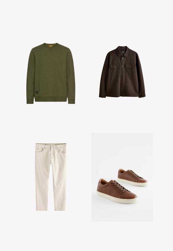 Brązowa kurtka z guzikami, z kołnierzem, dwoma kieszeniami na piersi i zatrzaskami; wykonana z miękkiego materiału o gładkiej teksturze.; Długi rękaw oliwkowej zieleni sweter z okrągłym dekoltem, z ściągaczami na rękawach i dole, mała czarna naszywka z logo blisko dołu oraz naszywka z logo na lewym rękawie.; Jasnoszare dżinsy slim-fit z prostą nogawką, pięcioma kieszeniami, zapięciem na guzik i zamek błyskawiczny oraz wzmocnionymi szwami.; Brązowe skórzane trampki o gładkiej fakturze, z białą gumową podeszwą i dopasowanymi brązowymi sznurowadłami. Okrągły kształt palców z minimalnymi detalami szycia.