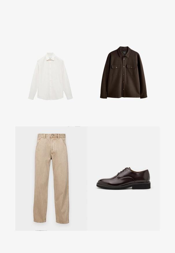 Braune, knöpfbare Jacke mit Kragen, zwei Brusttaschen und Druckknöpfen; aus weichem Stoff mit glatter Textur gefertigt.; Weißes Langarmhemd mit Button-Down-Kragen, das dezente vertikale Streifen, eine durchgehende Knopfleiste und einen leicht abgerundeten Saum aufweist.; Beige Denim-Jeans mit geradem Beinschnitt, ausgestattet mit Vordertaschen, einem Metallknopfverschluss und feiner Textur.; Braune Leder-Oxfordschuhe mit glänzender Oberfläche, runder Zehenform, Schnürdesign und einer dicken schwarzen Gummisohle. Nahtdetail im oberen Bereich.