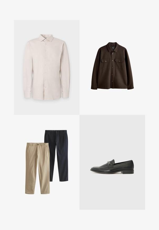 Chaqueta marrón de botones con cuello, dos bolsillos en el pecho y botones a presión; hecha de una tela suave con una textura lisa.; Camisa de manga larga color beige claro con cierre de botones en la parte delantera, cuello clásico y una textura sutil. Presenta puños estándar y seis botones.; Dos pantalones rectos: uno beige y otro azul marino. Ambos cuentan con bolsillos laterales y cierre de botón. Tela de algodón suave.; Mocasín de cuero negro con un acabado suave, que cuenta con un diseño de costura y un acento decorativo de cadena de metal en el empeine. Tacón plano.