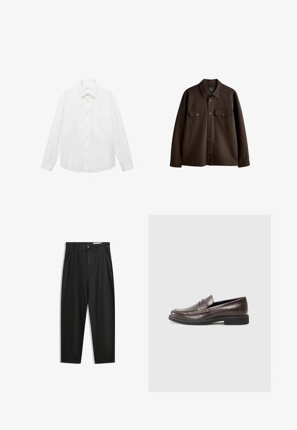 Brązowa kurtka z guzikami, z kołnierzem, dwoma kieszeniami na piersi i zatrzaskami; wykonana z miękkiego materiału o gładkiej teksturze.; Mango ANTARES biały; Czarne bawełniane spodnie o luźnym kroju, z klasycznym pasem, przednimi plisy oraz bocznymi kieszeniami. Gładka struktura, bez wzorów.; Brązowe skórzane mokasyny o gładkim wykończeniu, z delikatnym przeszyciem na cholewce i czarną gumową podeszwą.