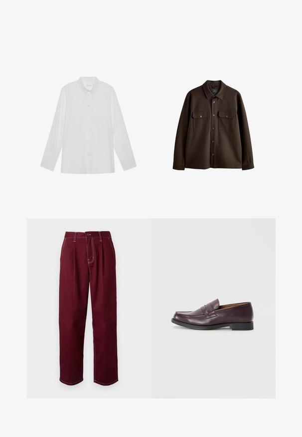 Hnědá košile s knoflíky a límcem, dvěma náprsními kapsami a druky; vyrobená z měkké tkaniny s hladkým povrchem.; Bílá košile s dlouhými rukávy vyrobená z hladkého materiálu, s špičatým límcem, předním zapínáním na knoflíky a manžetami na jeden knoflík.; Brixton GLOBAL BAGGY PANT - Džíny Relaxed Fit - port; Burgundské kožené mokasíny s kulatou špičkou, jemným šitým detailem a nízkou černou podrážkou. Klasický design s minimálními ozdobami.