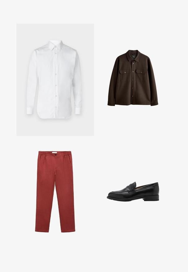 Hnědá košile s knoflíky a límcem, dvěma náprsními kapsami a druky; vyrobená z měkké tkaniny s hladkým povrchem.; Bílá košile na knoflíky s dlouhými rukávy, vyrobená z hladké bavlněné tkaniny, s klasickým límcem a jemným leskem. Pět knoflíků vpředu.; Červené lněné kalhoty s elastickým pasem, jedním knoflíkem, postranními kapsami, rovnými nohavicemi a mírně texturovaným povrchem.; Černé kožené mokasíny s prošitým předním dílem a plochým podpatkem. Hladký povrch s kulatou špičkou a dekorativním páskem přes nárt.