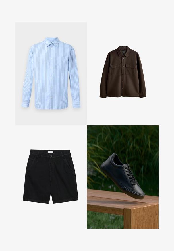 Hnedá bunda na gombíky s golierom, dvoma náprsními vreckami a patentnými gombíkmi; vyrobená z jemnej látky s hladkou textúrou.; Svetlomodrá a biela pruhovaná košeľa s dlhým rukávom a gombíkmi, s jednou náprsníkovou vreckom. Jednoduchý, klasický dizajn na neutrálnom pozadí.; Čierne denimové šortky s klasickým strihom, ktoré majú dva predné vrecká, zapínanie na gombík a štítok na páse. Textúrovaná tkanina.; Čierna kožená teniska s hladkou textúrou, okrúlym špičkou a plochými šnúrkami, umiestnená nad dreveným povrchom s zelenou trávou v pozadí.