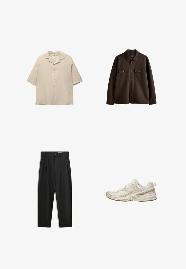 Brun, knapplistjacka med krage, två bröstfickor och tryckknappar; tillverkad av mjukt tyg med en slät yta.; Kortärmad beige skjorta i ett lätt tyg, med en notchad krage och fem knappar framtill, med en avslappnad passform.; Svarta bomullsshorts med avslappnad passform, med en klassisk midja, framveck och sidfickor. Slät textur utan mönster.; Vita sportskor i mesh och syntetiskt material, med en rund tå, dämpad sula och beige accentfärg på sidorna.