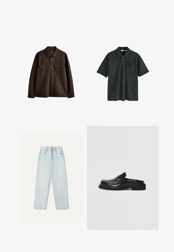 Bruine, button-up jas met een kraag, twee borstzakken en drukknoopsluitingen; gemaakt van zachte stof met een gladde textuur.; Zwart poloshirt gemaakt van katoen, met een kraaghals, drie-knopen sluiting, korte mouwen en een borstzak.; Lichtblauwe denim jeans met een relaxte pasvorm, recht model, vijf zakken en subtiele vervaging in de stof.; Zwarte leren instapschoen met een ronde neus, een verhoogd voorpaneel en een dikke rubberen zool. Gladde textuur met minimale details.