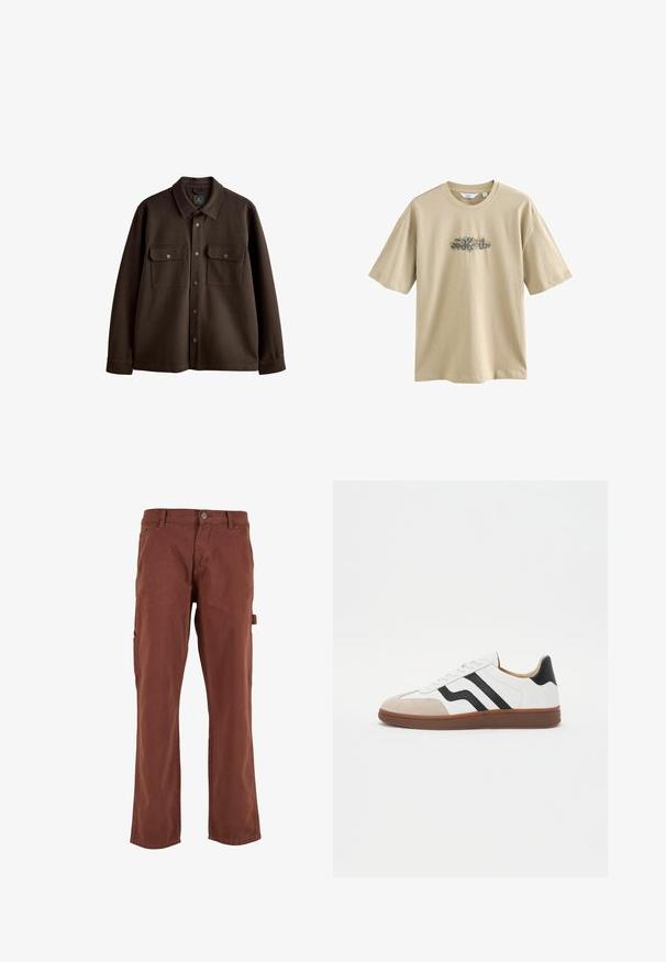 Chaqueta marrón de botones con cuello, dos bolsillos en el pecho y botones a presión; hecha de una tela suave con una textura lisa.; Camiseta de algodón beige con un estampado gráfico en el centro. El diseño incluye elementos coloridos y texto curvado. Mangas cortas y escote redondo.; Pantalones cargo marrones con un diseño de pierna recta, hechos de una tela resistente. Cuenta con bolsillos laterales y un cierre de botón en la cintura.; Zapatilla blanca con acentos de rayas negras, puntera de ante y suela de goma marrón. Parte superior de cuero suave con un diseño redondeado.