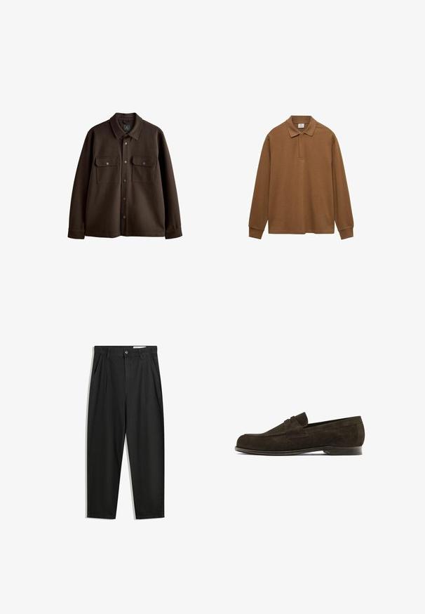 Bruine, button-up jas met een kraag, twee borstzakken en drukknoopsluitingen; gemaakt van zachte stof met een gladde textuur.; Bruine longsleeve polo shirt gemaakt van katoen, met een kraag, knoopsluiting en geribbelde manchetten; gladde textuur en relaxte pasvorm.; Zwarte katoenen broeken met een losse pasvorm, voorzien van een klassieke tailleband, voorplooien en zijzakken. Gladde structuur zonder patronen.; Bruine suedeloofer met een ronde neus, voorzien van een decoratieve band over de bovenkant en een lage leren hak. Glad oppervlak en een minimalistisch ontwerp.